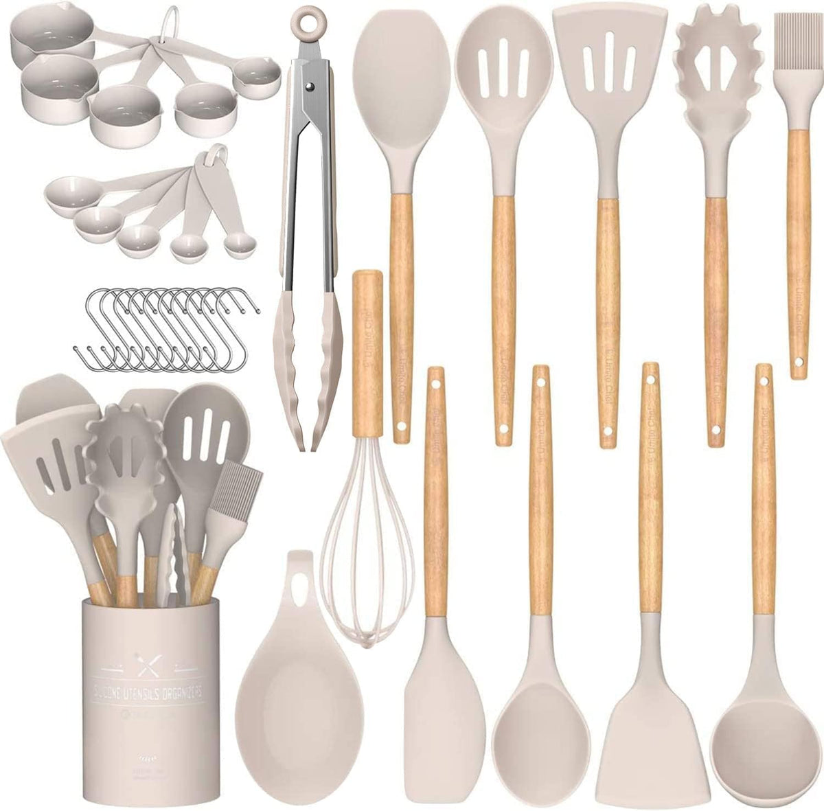 Umite Chef Kitchen Cooking Utensils Set, 33 pcs Non-Stick Silicone Cooking Kitchen Utensils Spatula Set with Holder, Wooden Handle