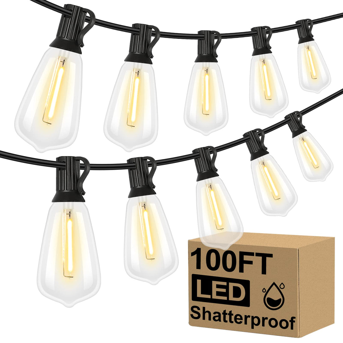 Brightever LED Outdoor String Lights with Outside Hanging Lights Waterproof for Porch, Deck, Garden, Dimmable