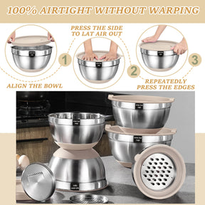 Mixing Bowls with Airtight Lids Set, 26PCS Stainless Steel Khaki Bowls with Grater Attachments.