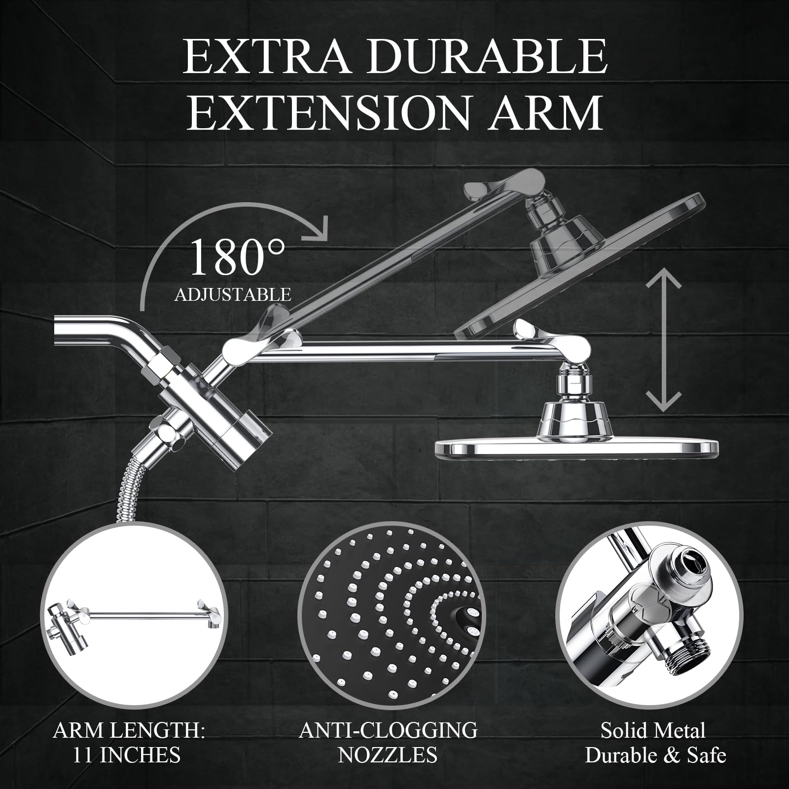 High Pressure Rain Shower Head Combo with Extension Arm. Wide Showerhead with 5 Handheld Water Spray.