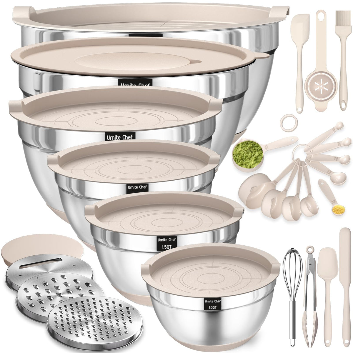 Mixing Bowls with Airtight Lids Set, 26PCS Stainless Steel Khaki Bowls with Grater Attachments.