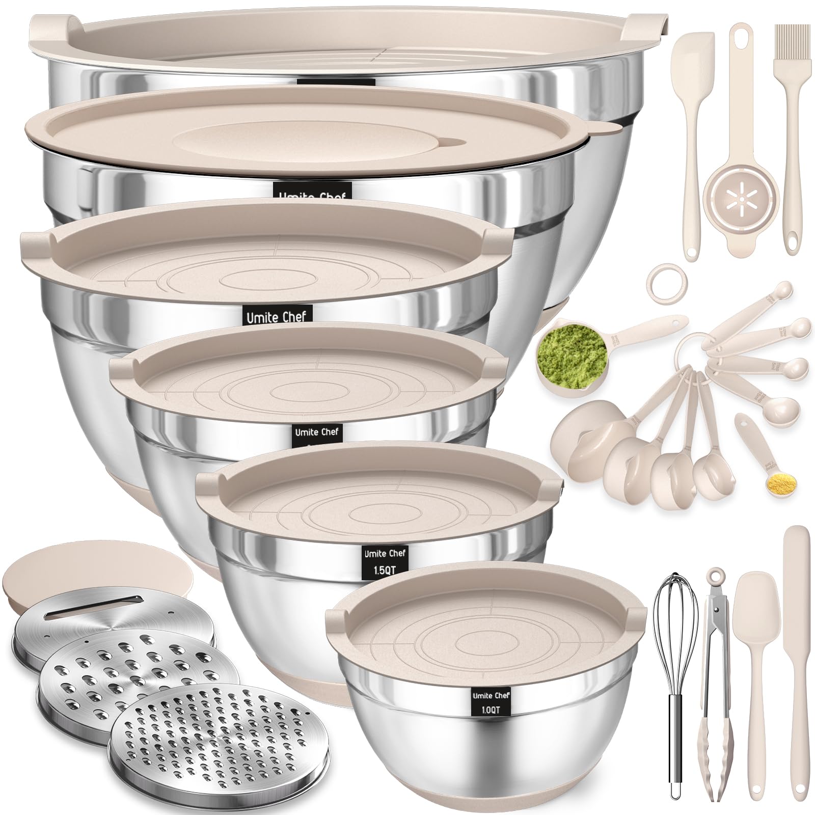 Mixing Bowls with Airtight Lids Set, 26PCS Stainless Steel Khaki Bowls with Grater Attachments.