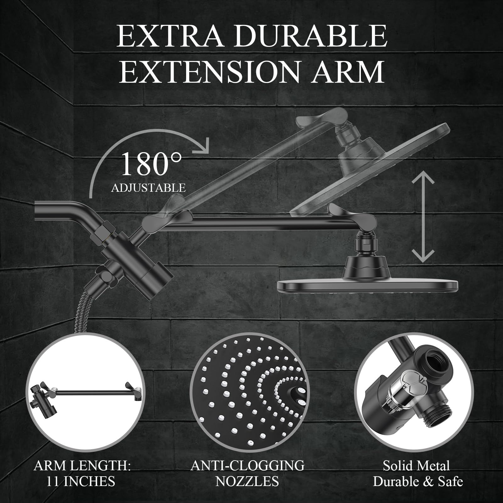 High Pressure Rain Shower Head Combo with Extension Arm. Wide Showerhead with 5 Handheld Water Spray.