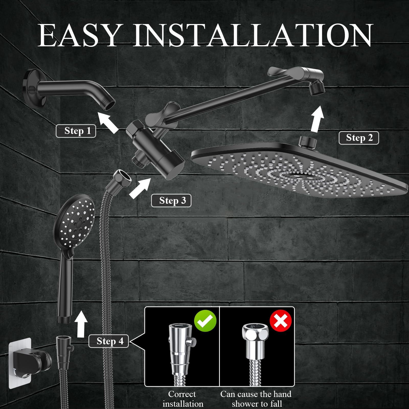 High Pressure Rain Shower Head Combo with Extension Arm. Wide Showerhead with 5 Handheld Water Spray.