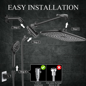 High Pressure Rain Shower Head Combo with Extension Arm. Wide Showerhead with 5 Handheld Water Spray.