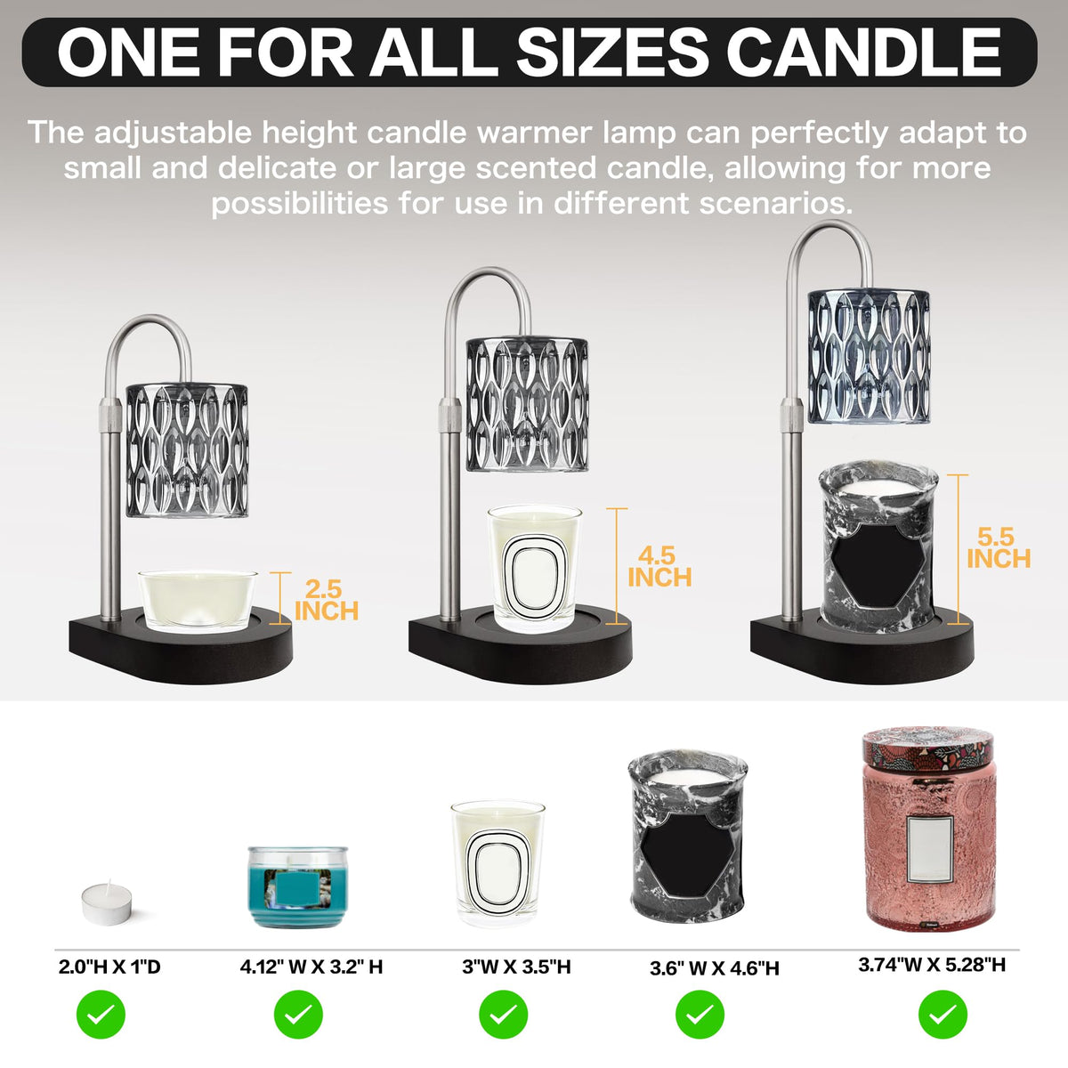 Candle Warmer Lamp with 3 Bulbs, Adjustable Height Dimmable Candle Warmer with 2H/4H/8H Timer.