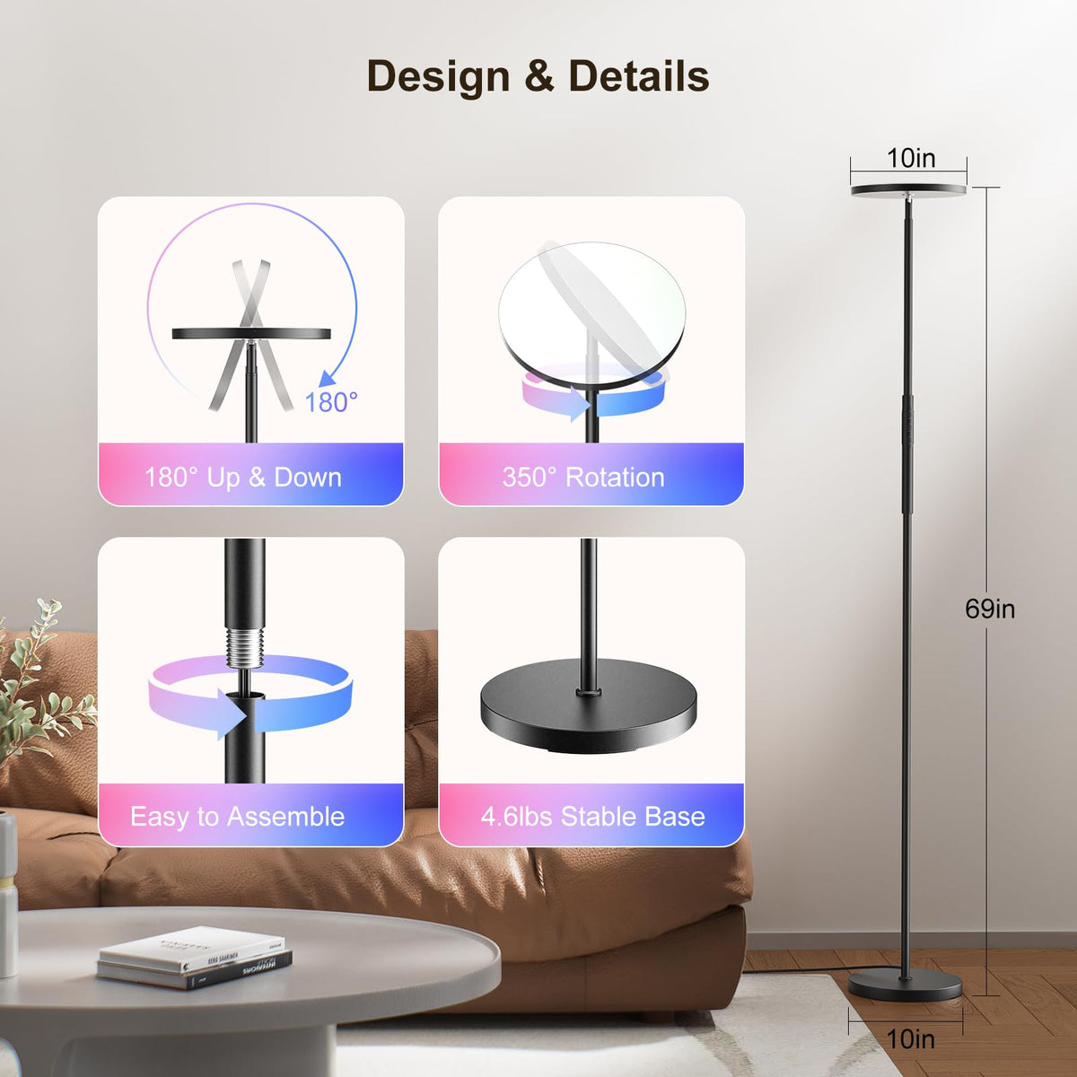 Modern Color Changing Tall Lamp with Stepless Dimming, Corner Floor Lamp for Bedroom, Office, 𝐑𝐆𝐁 Torchiere Floor Lamps