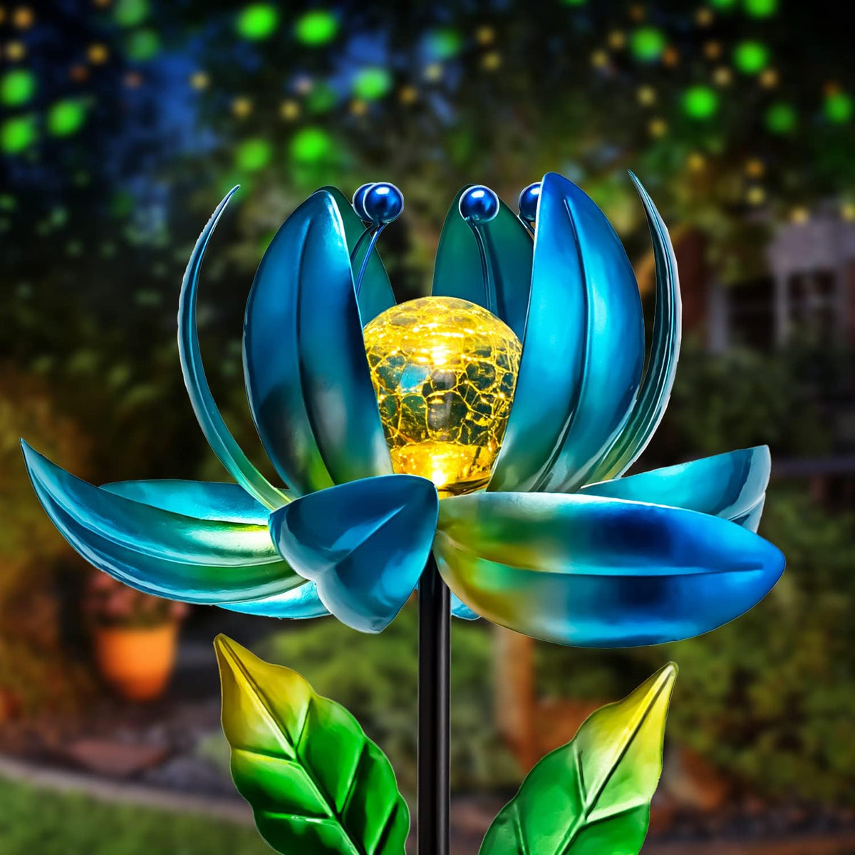 Colorful Spinning Windmill Lotus Pathway Lights with LED Cracked Crystal Ball Outdoor Decorative Stake Lighting.