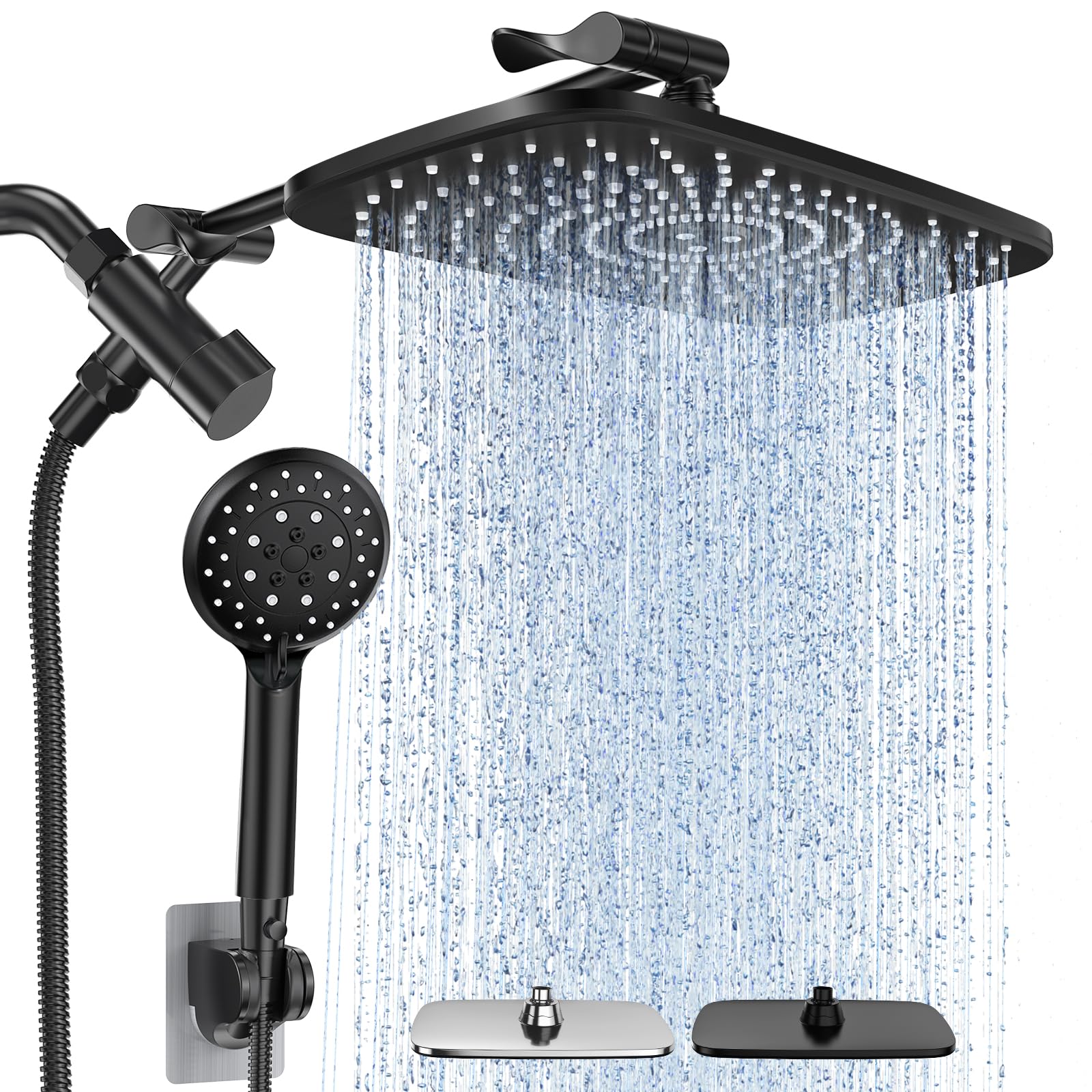 High Pressure Rain Shower Head Combo with Extension Arm. Wide Showerhead with 5 Handheld Water Spray.