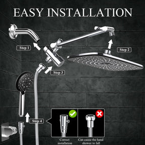 High Pressure Rain Shower Head Combo with Extension Arm. Wide Showerhead with 5 Handheld Water Spray.