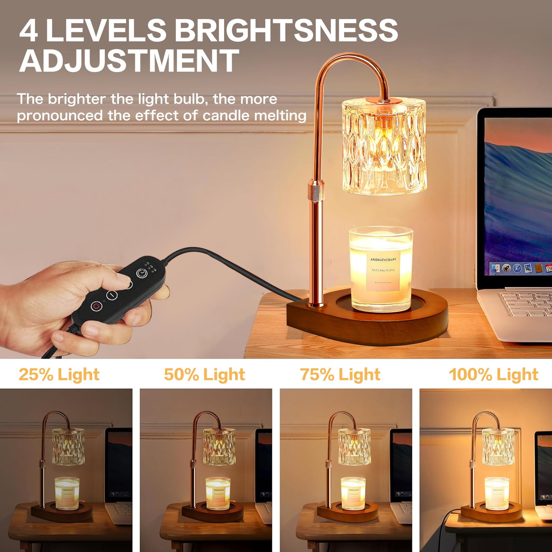 Candle Warmer Lamp with 3 Bulbs, Adjustable Height Dimmable Candle Warmer with 2H/4H/8H Timer.