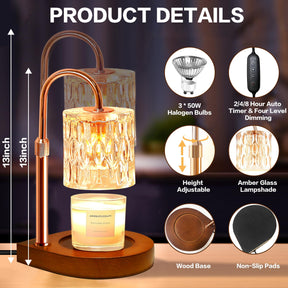 Candle Warmer Lamp with 3 Bulbs, Adjustable Height Dimmable Candle Warmer with 2H/4H/8H Timer.