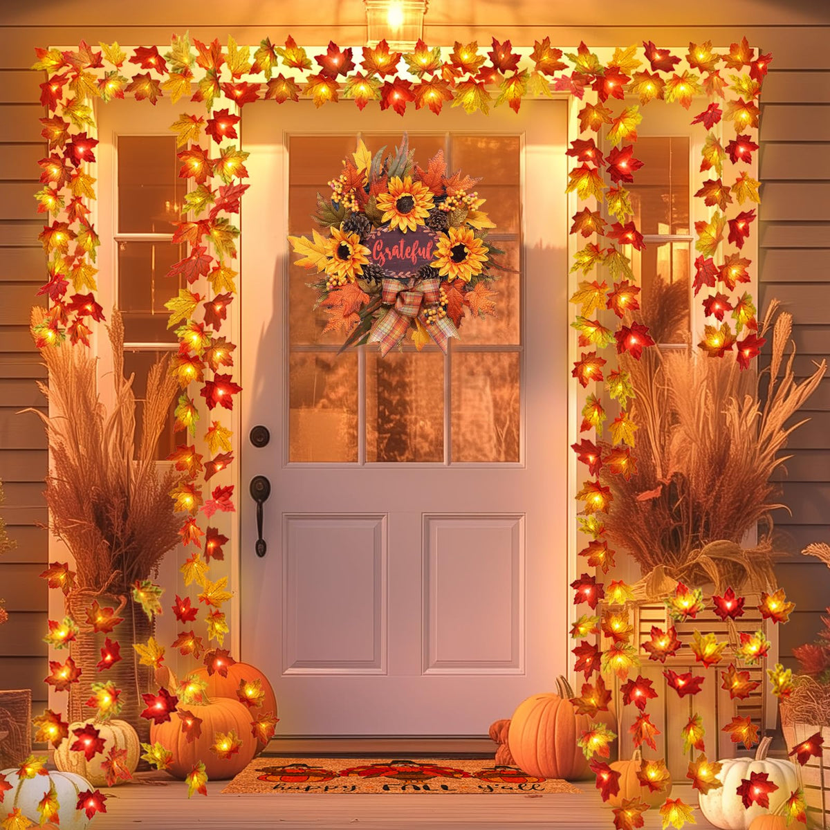 Battery Operated Fall Leaves Garland with Lights String for Autumn Harvest Table Door Porch Home Indoor Outdoor Fall Decor 20ft