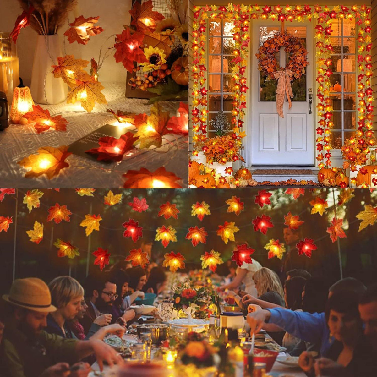 Battery Operated Fall Leaves Garland with Lights String for Autumn Harvest Table Door Porch Home Indoor Outdoor Fall Decor 20ft