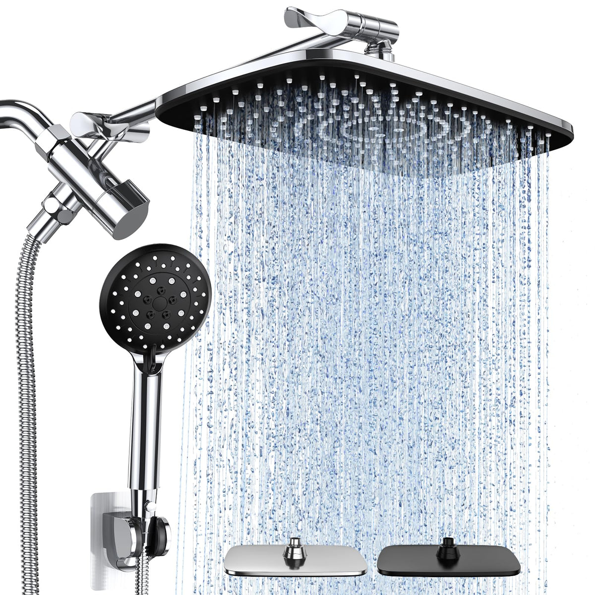 High Pressure Rain Shower Head Combo with Extension Arm. Wide Showerhead with 5 Handheld Water Spray.