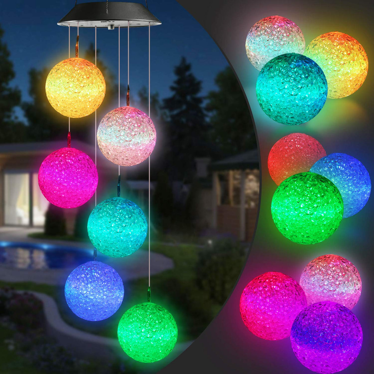 Toodour Solar Wind Chime, Color Changing Ball Wind Chimes, LED Decorative Mobile, for Mom, Waterproof Outdoor Solar Lights.