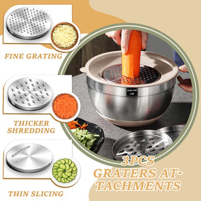 Mixing Bowls with Airtight Lids Set, 26PCS Stainless Steel Khaki Bowls with Grater Attachments.