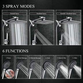 High Pressure Rain Shower Head Combo with Extension Arm. Wide Showerhead with 5 Handheld Water Spray.