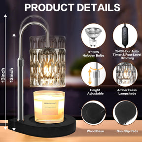 Candle Warmer Lamp with 3 Bulbs, Adjustable Height Dimmable Candle Warmer with 2H/4H/8H Timer.